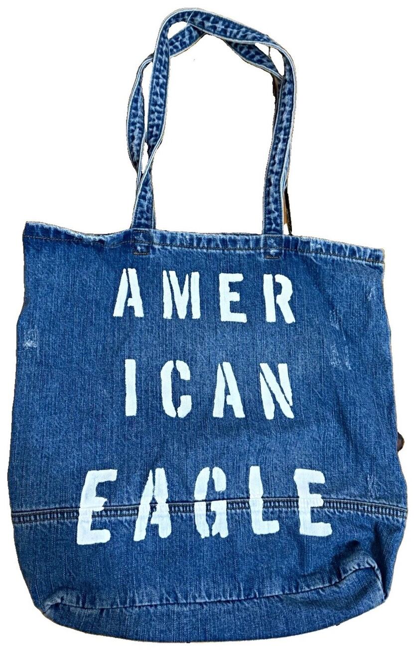 *NEW* AMERICAN EAGLE Women’s Blue Tote Logo Text Print Double Handles Pockets